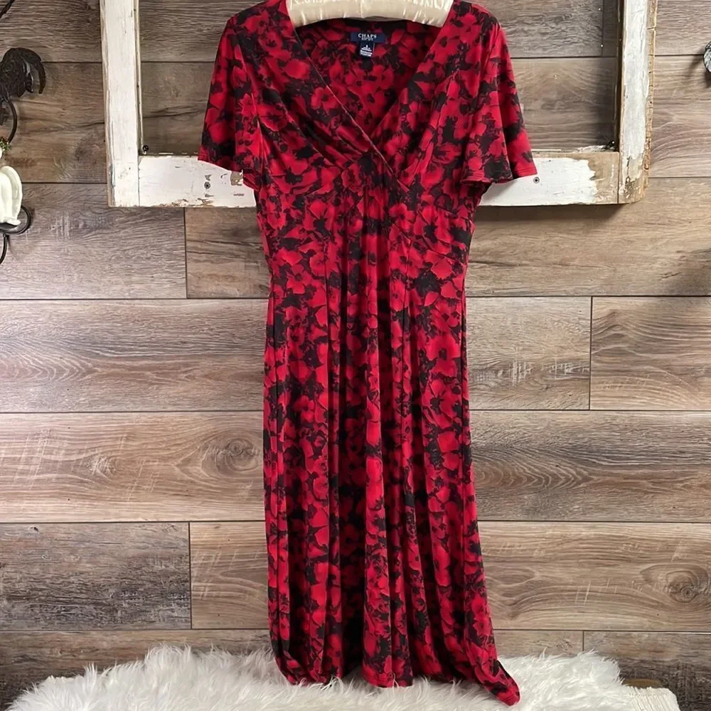 CHAPS Red Black Floral V-Neck Dress Small | Date Night Office Fall Chic Movie